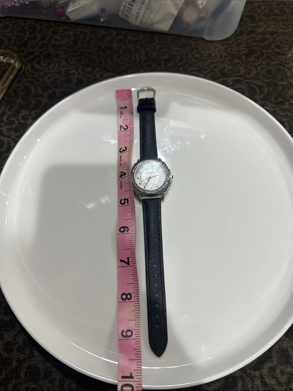 Coach Silver Crystal Dial Black Leather Strap Watch